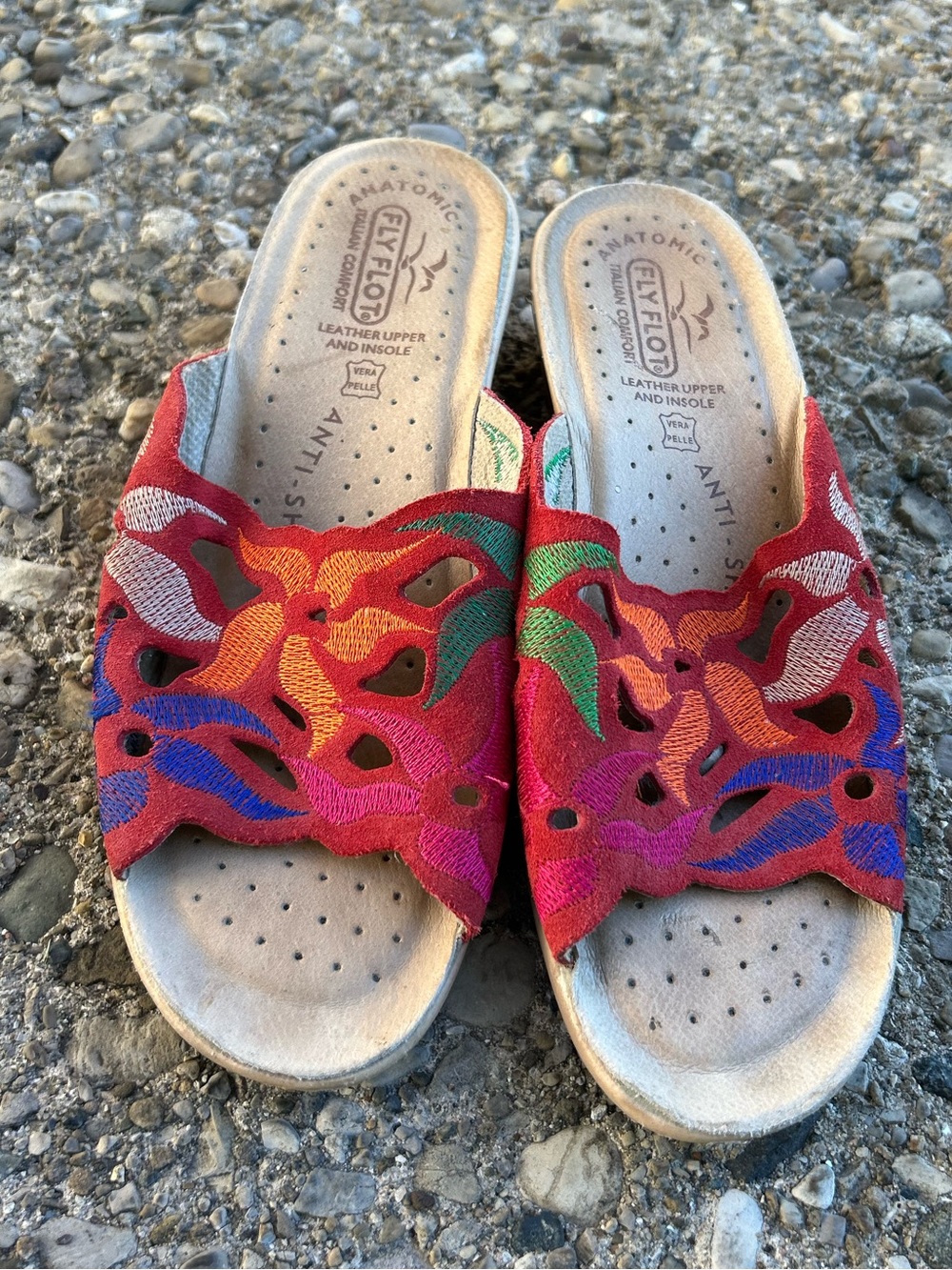 Fly Flot Wedge Sandal Red Leather Embroidered Floral Sz 37 6-6.5 Made in Italy